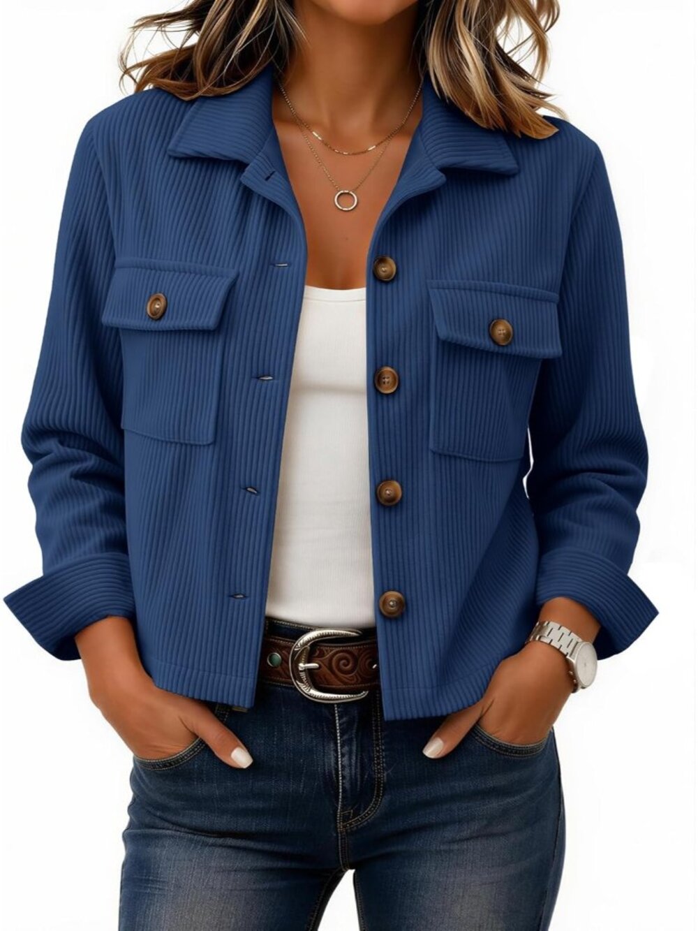 Women's Navy 100% Polyester Corduroy Button Down Flap Pockets Cropped Jacket